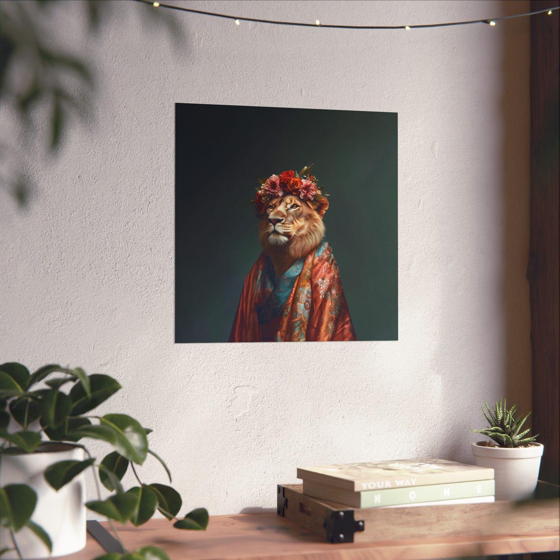 Lion Fashionista Portrait Floral Crown And Red Kimono Robe Poster