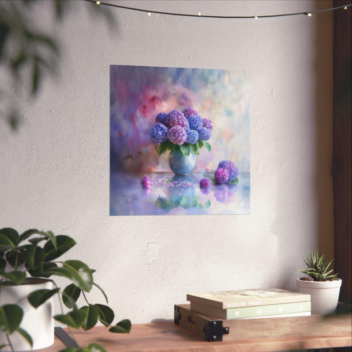 Dreamy Soft Purple Hydrangeas Blue Vase Watercolor Blossom Poster - Image 3