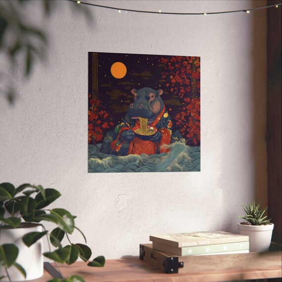 Japanese Style Hippo Slurping Ramen Under Bright Moonlight Poster