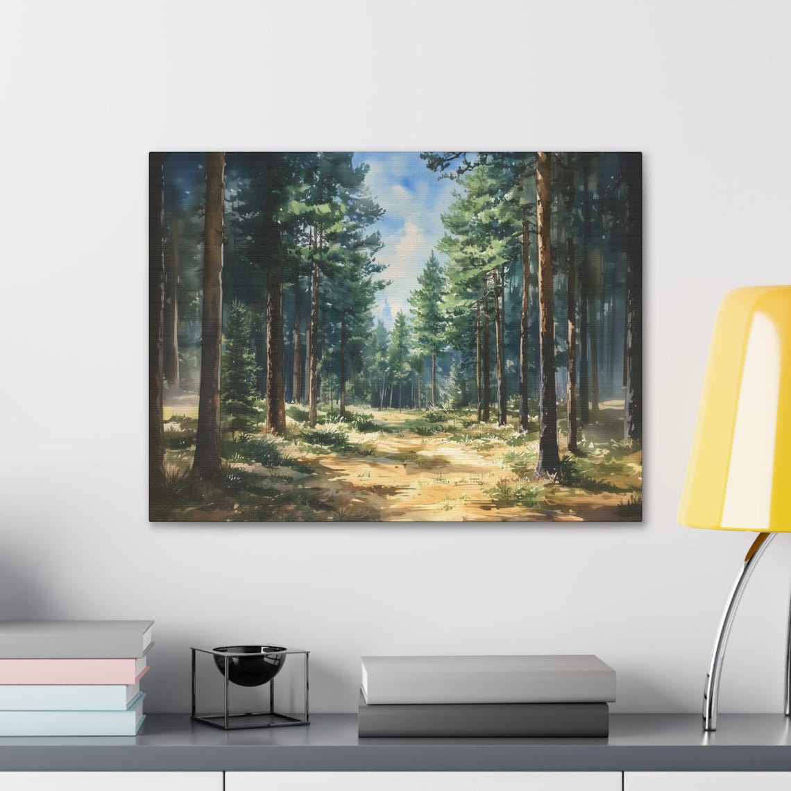 Sunlit Pine Forest Watercolor Painting Tall Trees Woodland Path Poster - Image 2