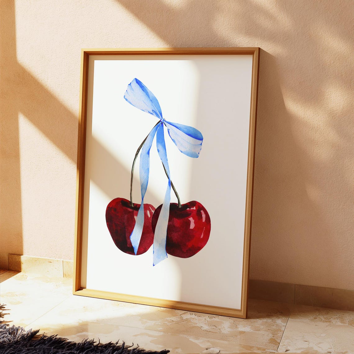 Watercolor Cherries Blue Bow Trendy Coquette Room Decor Poster - Image 2