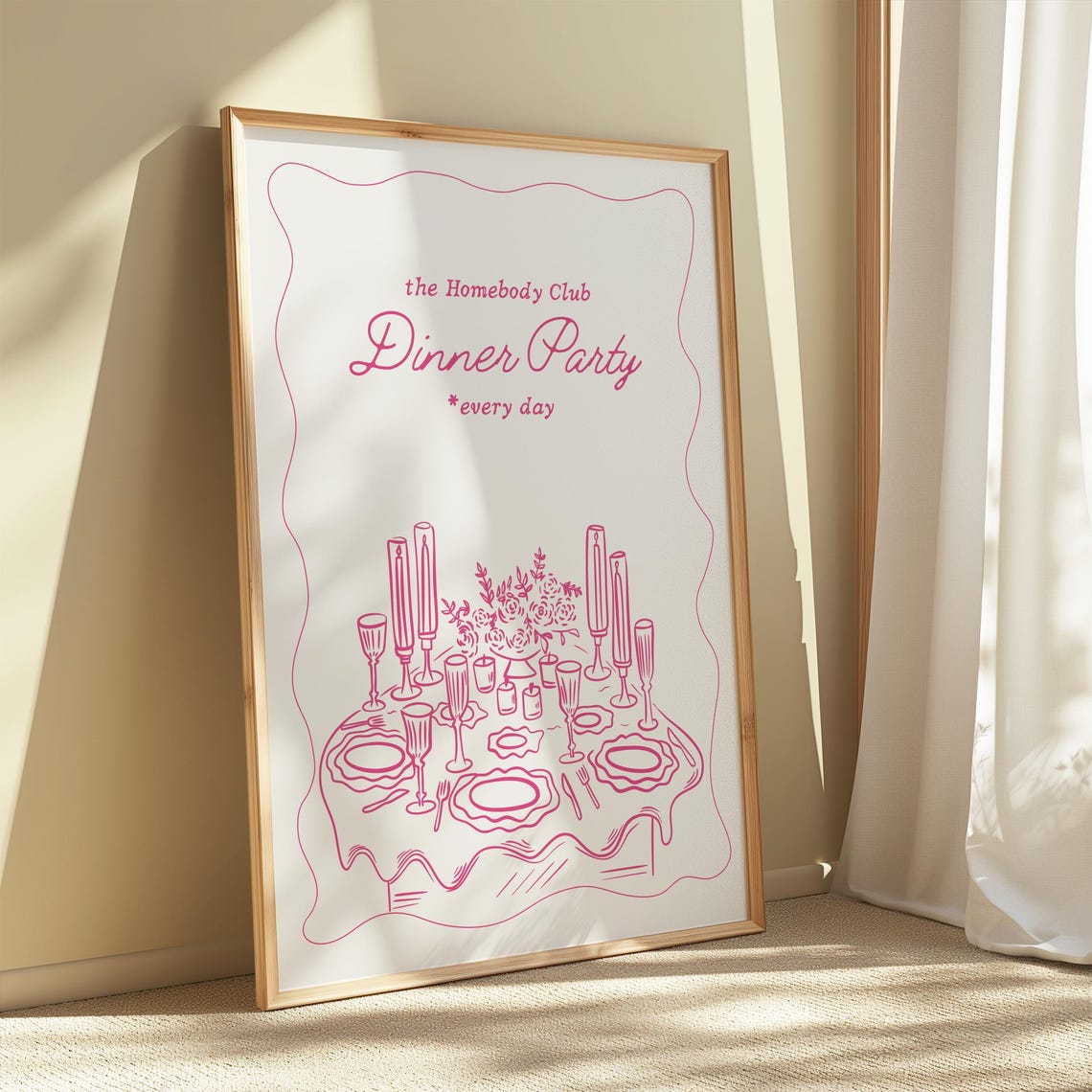 Homebody Club Dinner Party Pink Line Art Kitchen Decor Poster - Image 3