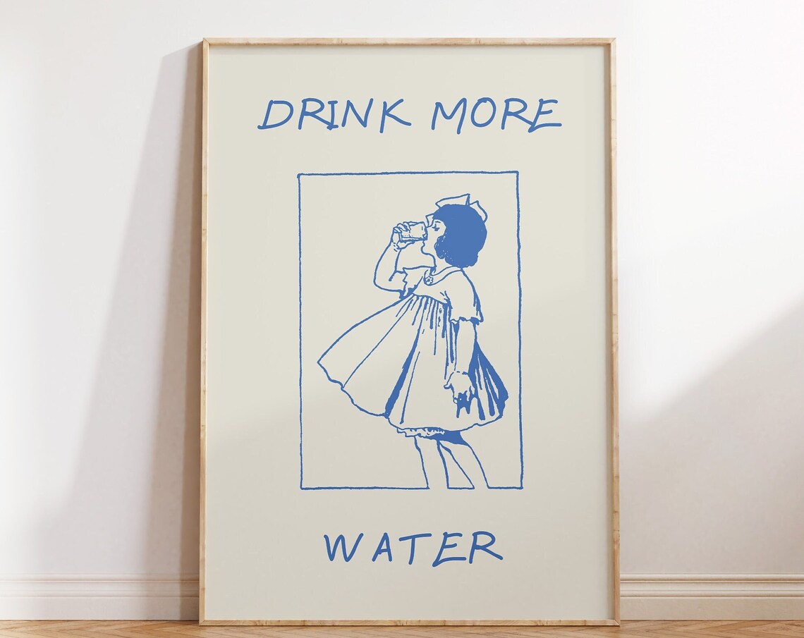 Drink More Water Cute Vintage Girl Blue Kitchen Hydration Poster