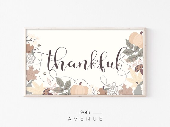 Thankful Script Sign Fall Leaves Pumpkins Autumn Decor Print