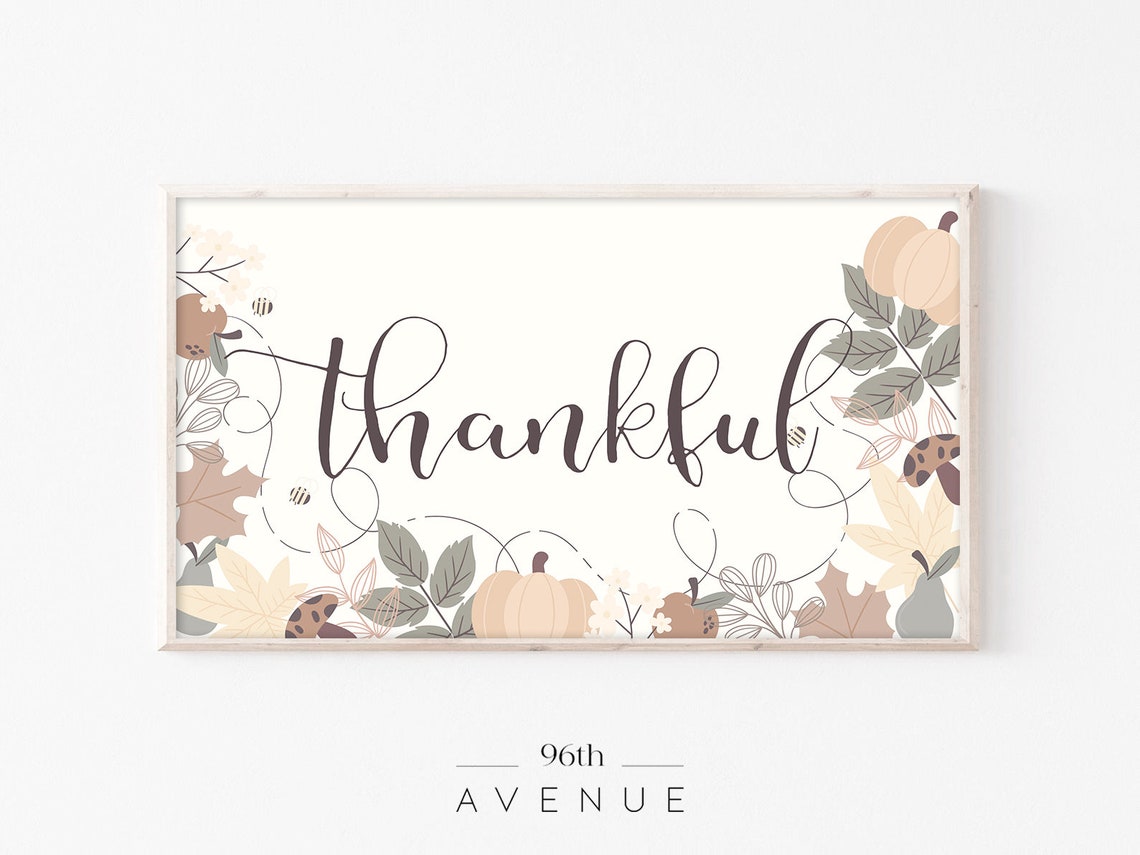 Thankful Script Sign Fall Leaves Pumpkins Autumn Decor Print