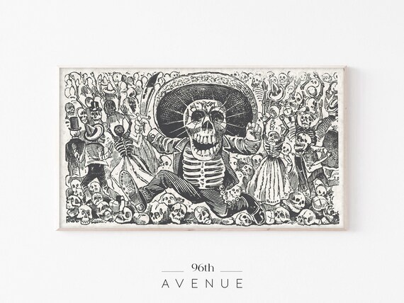 Day of the Dead Dancing Skeleton Sombrero Vintage Etching Poster