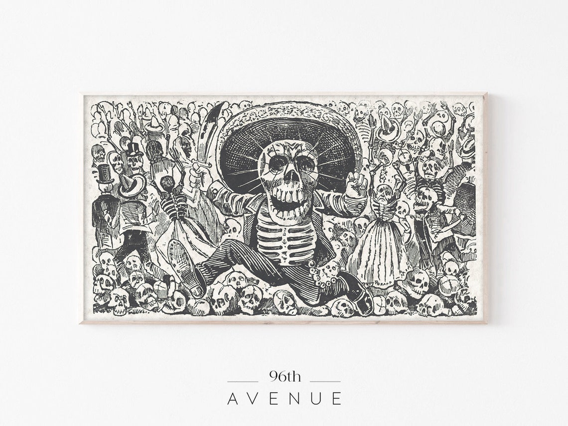 Day of the Dead Dancing Skeleton Sombrero Vintage Etching Poster