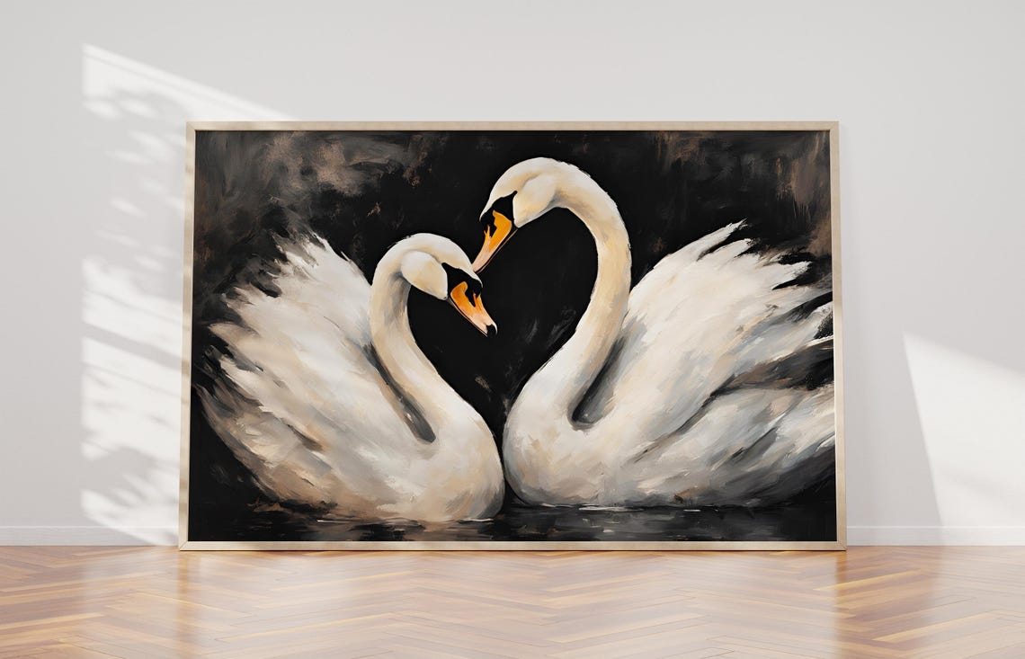 Two White Swans Kissing on Black Water Dark Romantic Art Print - Image 3