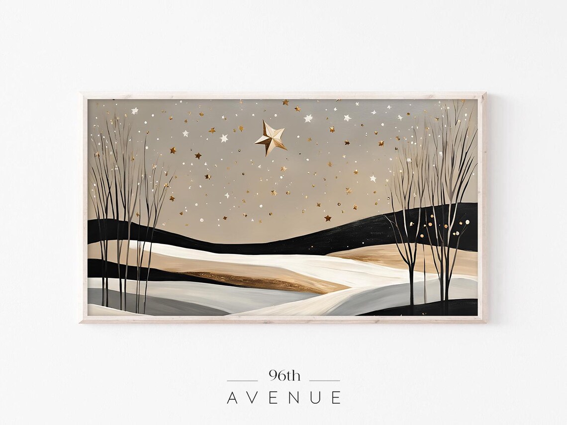 Abstract Neutral Winter Landscape Gold Star Modern Art Poster