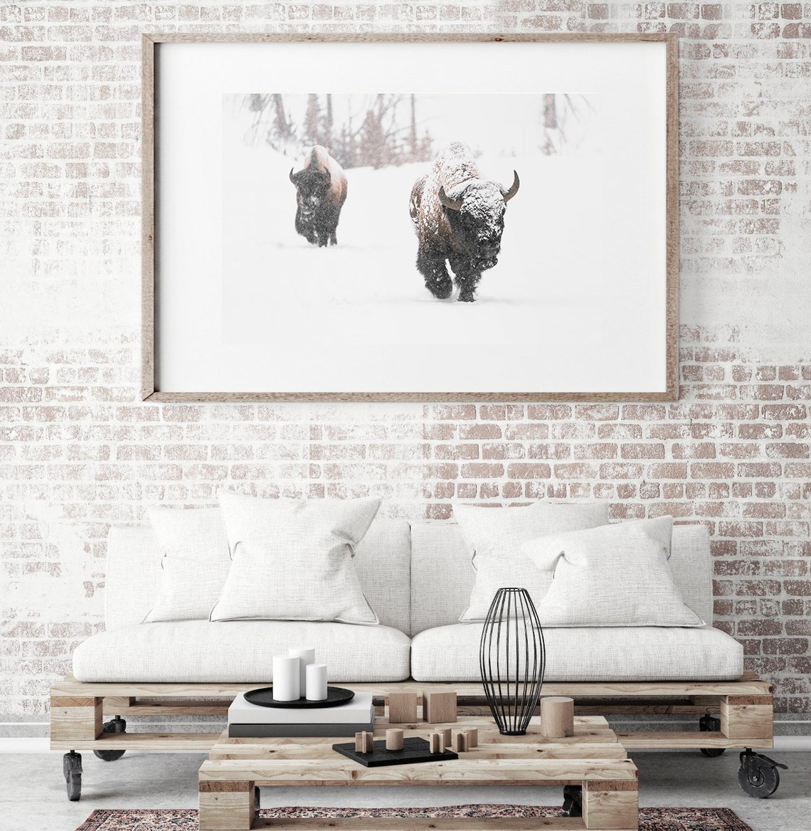 Two Bison Walking Through Heavy Falling Snow in Winter Poster - Image 2