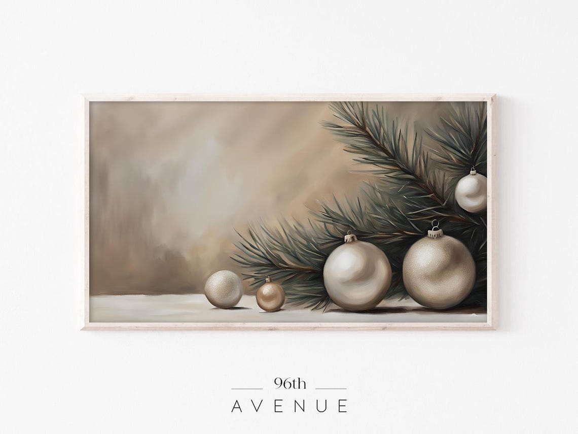 Champagne Gold Christmas Ornaments Pine Branch Vintage Poster