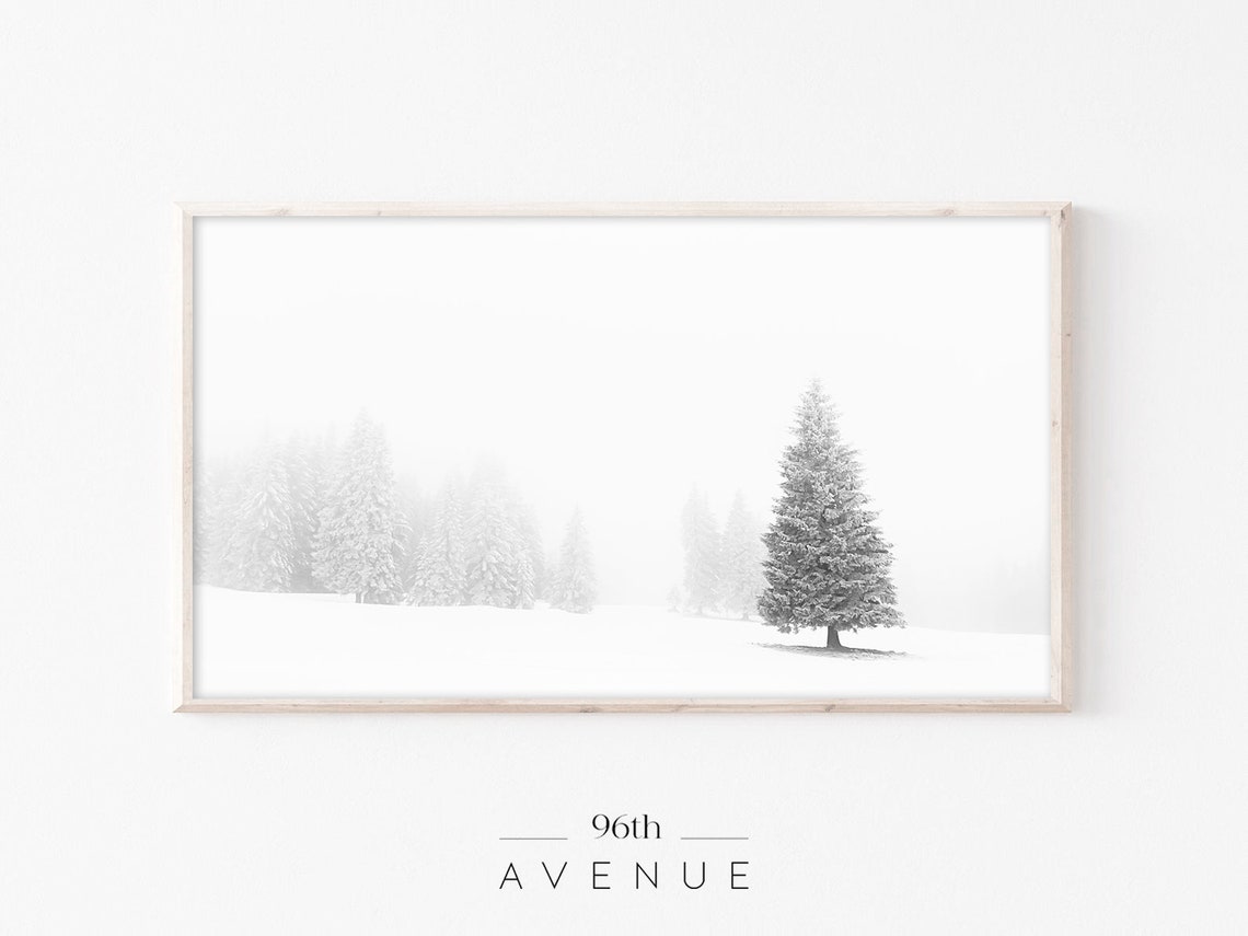 Lone Snowy Pine Tree in Thick White Fog Minimalist Winter Poster