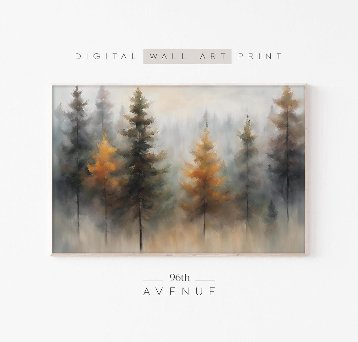 Foggy Pine Forest with Amber Trees Moody Autumn Painting Poster