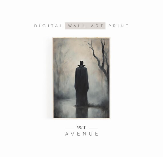 Dracula Vampire Figure In Misty Forest Gothic Dark Painting Wall Art