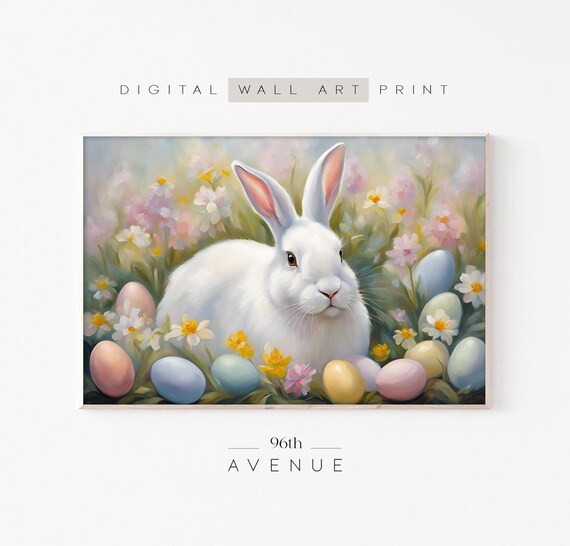 White Easter Bunny Colorful Eggs Wildflowers Spring Art Poster