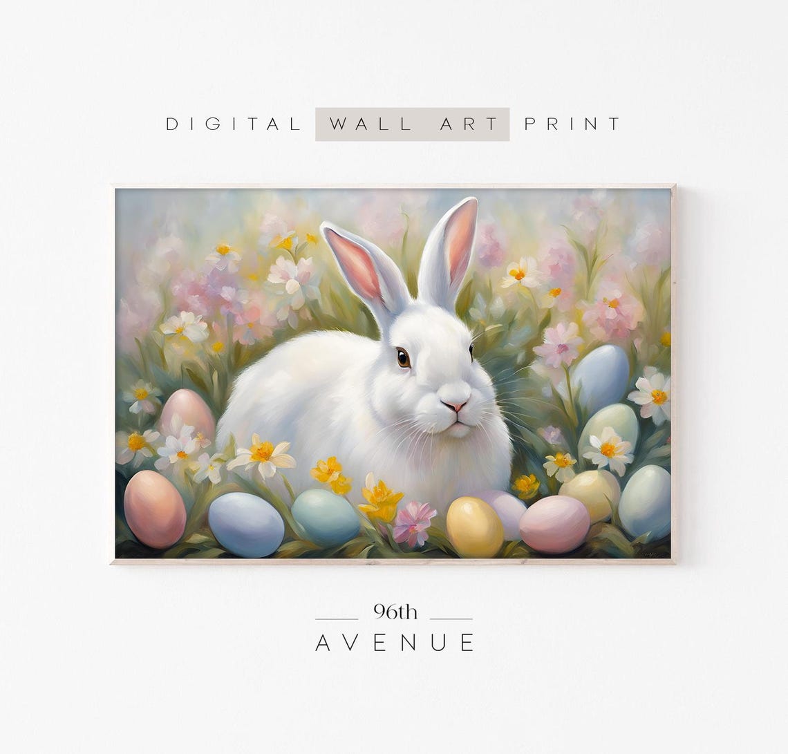 White Easter Bunny Colorful Eggs Wildflowers Spring Art Poster