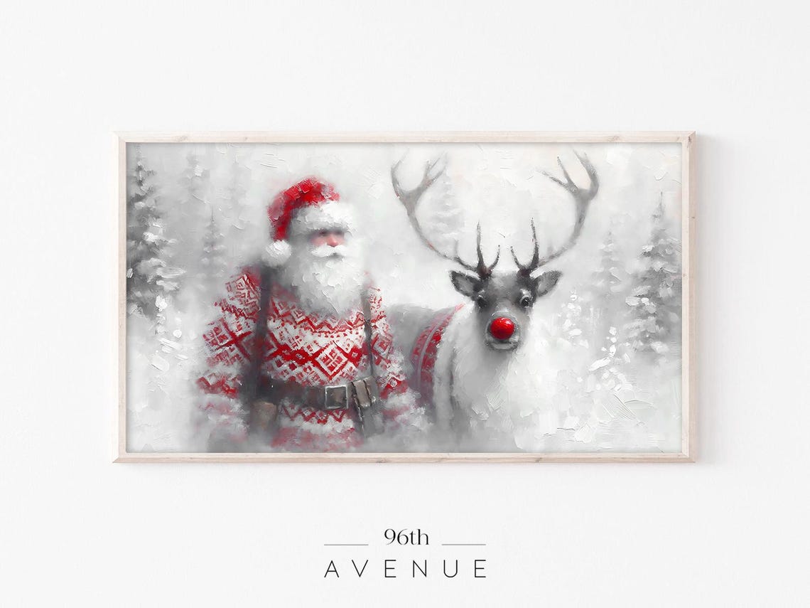 Santa Claus and Rudolph Reindeer in Snowy Forest Christmas Print