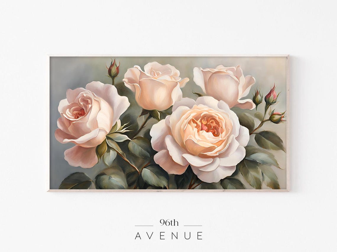 Vintage Pink Roses Botanical Oil Painting Antique Floral Poster