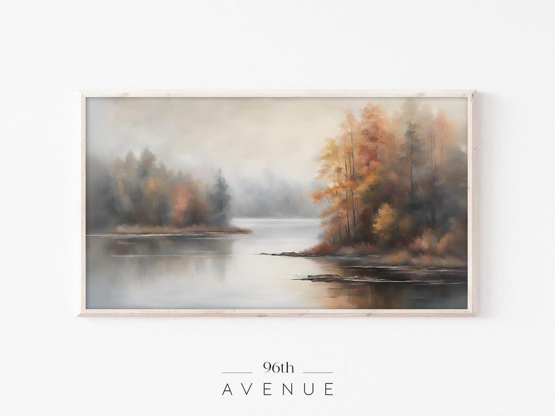 Misty Autumn Lake with Orange Trees Calm Fall Watercolor Poster