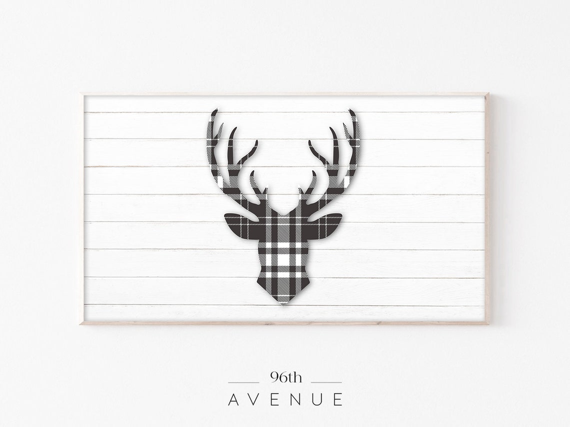 Buffalo Plaid Stag Head Silhouette on White Shiplap Rustic Poster