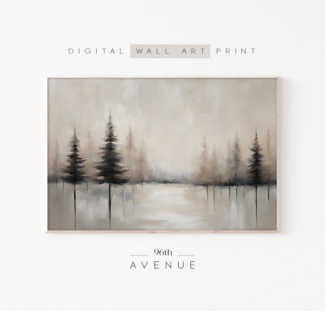 Calm Serene Neutral Misty Winter Pine Forest Oil Painting Poster