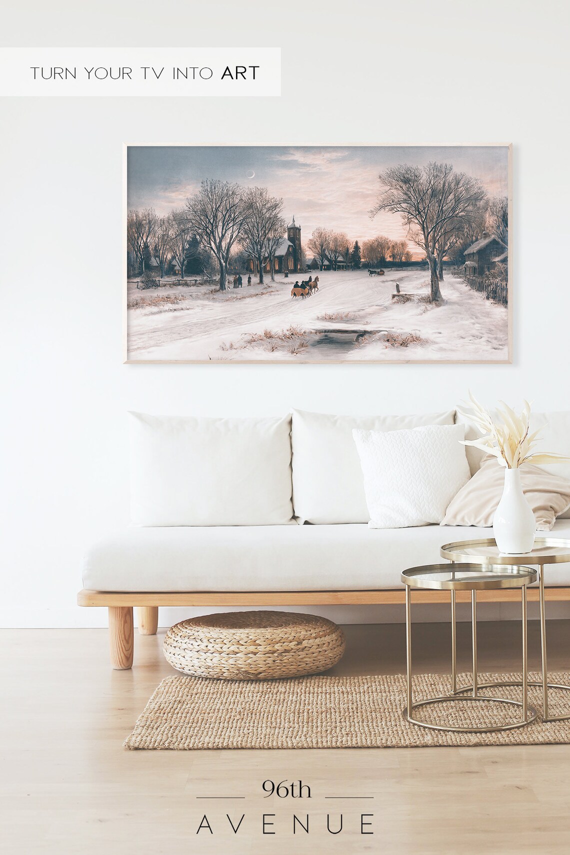 Christmas Village Landscape Art Print, Winter Antique Oil - Image 2