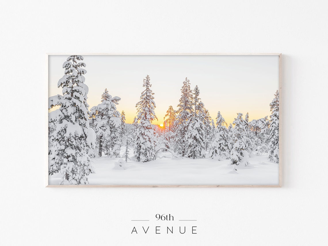 Snowy Pine Forest Winter Sunset Orange Glow Landscape Poster