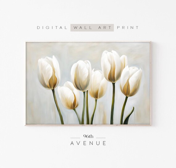 White Tulips Minimalist Neutral Botanical Framed TV Art Print