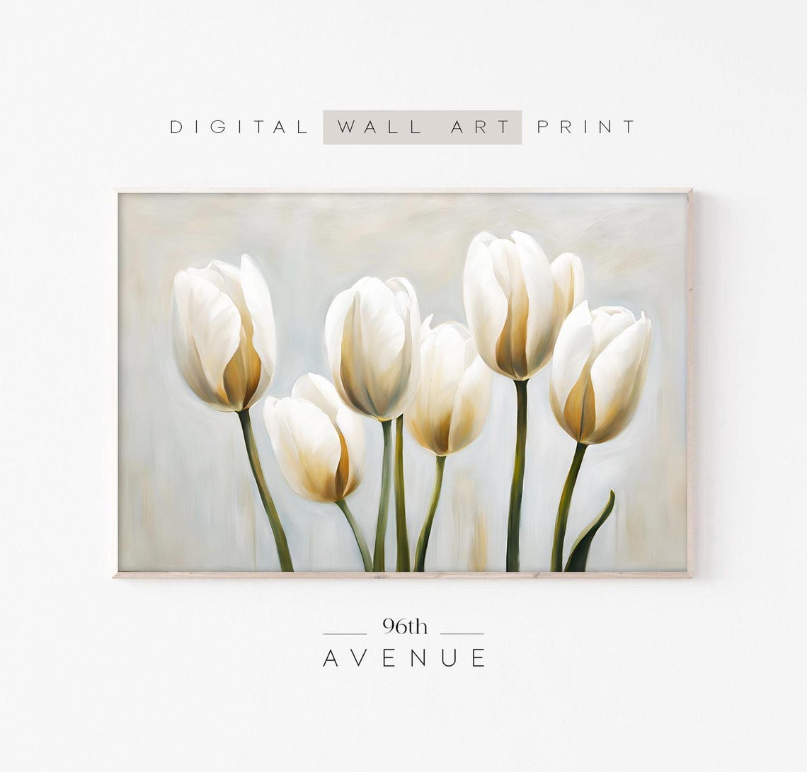 White Tulips Minimalist Neutral Botanical Framed TV Art Print