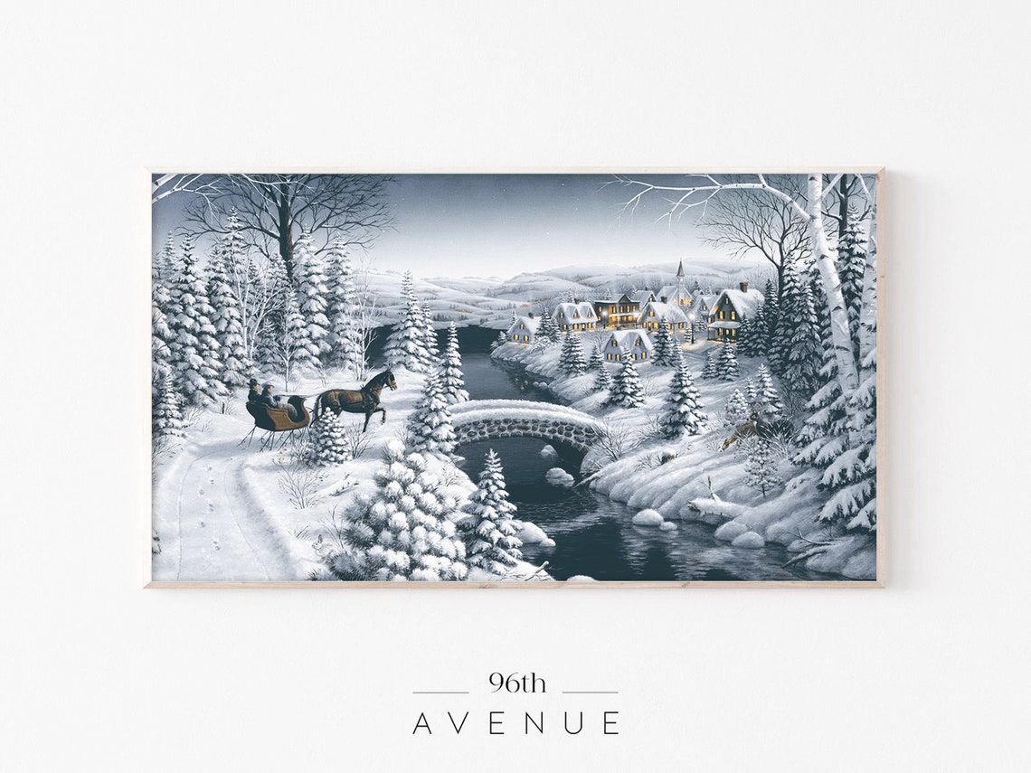 Winter Village Snowy Painting Horse Sleigh Bridge Christmas Poster