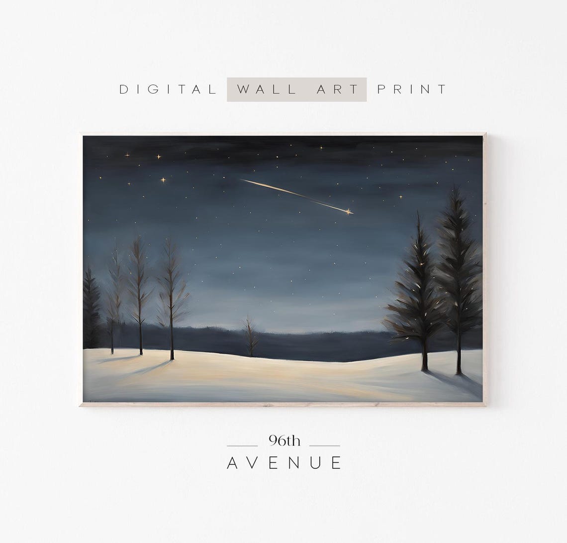 Brilliant Shooting Star Over Snowy Hills Night Painting Poster