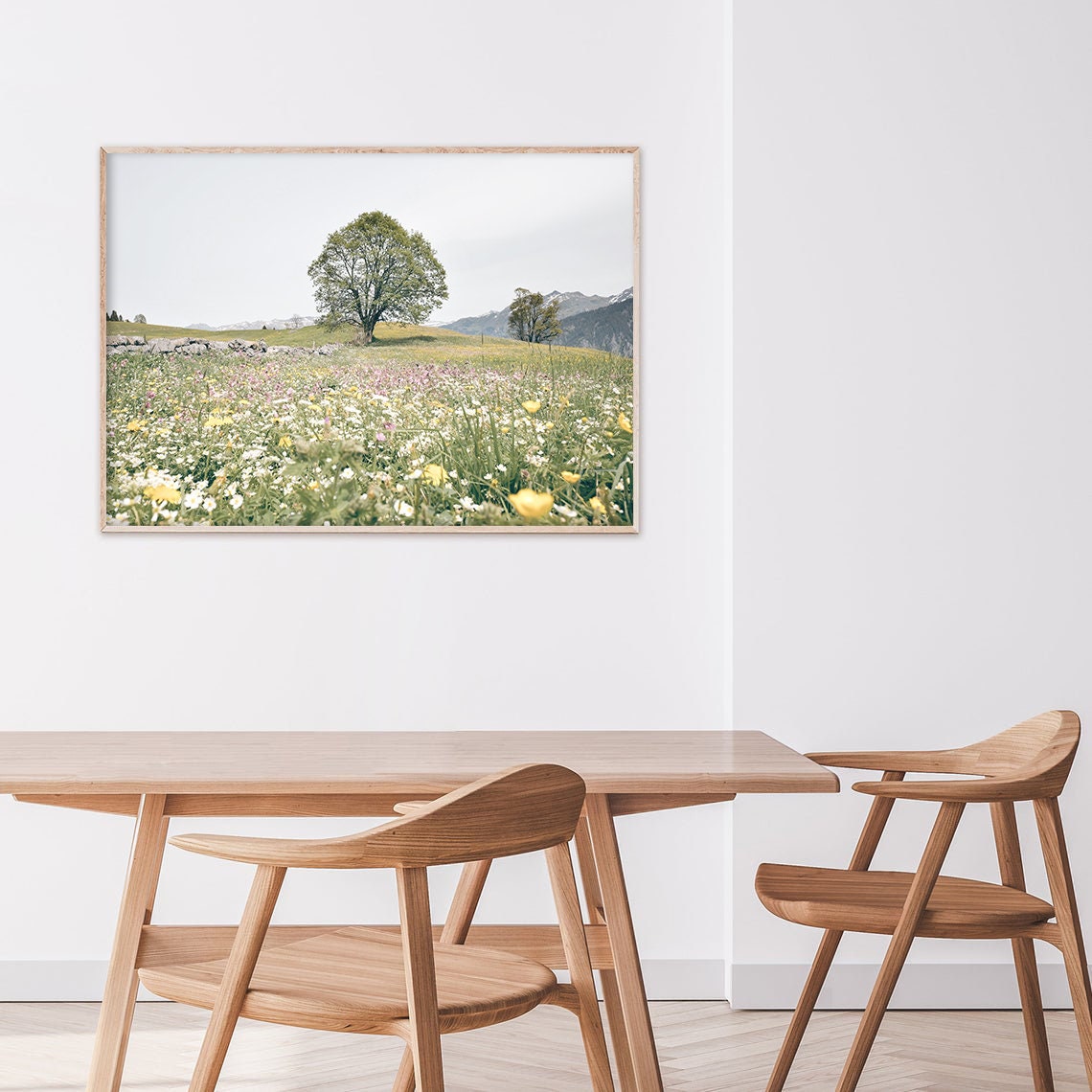 Sunlit Wildflower Meadow with Lone Tree Mountain Backdrop Poster - Image 2