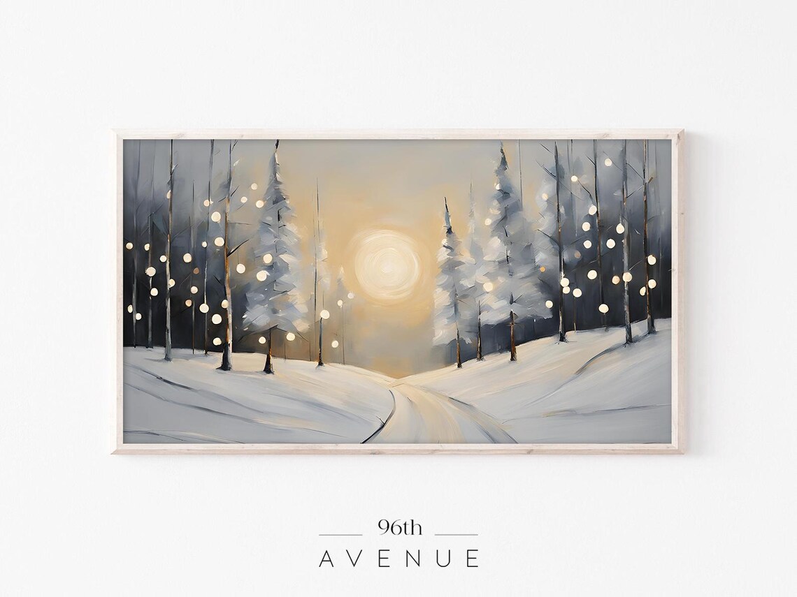 Winter Forest Christmas Painting Snowy Pines Golden Moonlight Poster