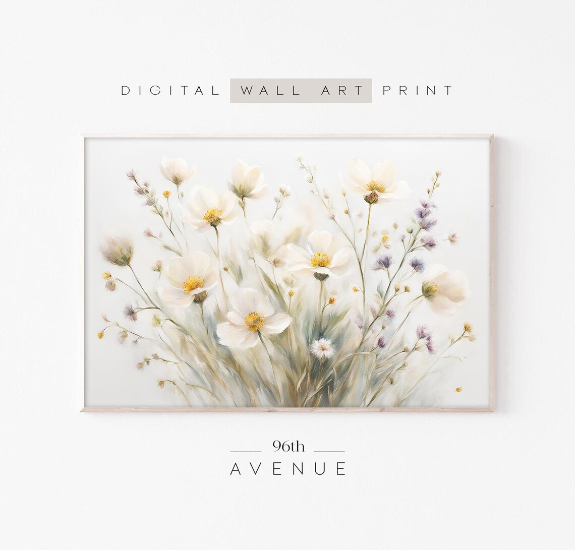 White Wild Flowers Art Print, Neutral Cottage Decor