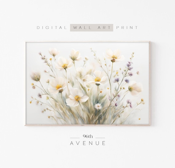 White Wild Flowers Art Print, Neutral Cottage Decor
