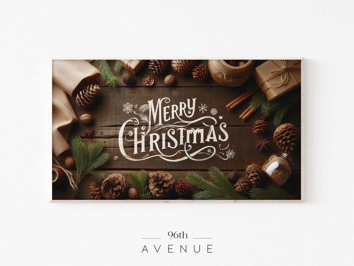 Rustic Merry Christmas Lettering With Pinecones Wood Sign Poster