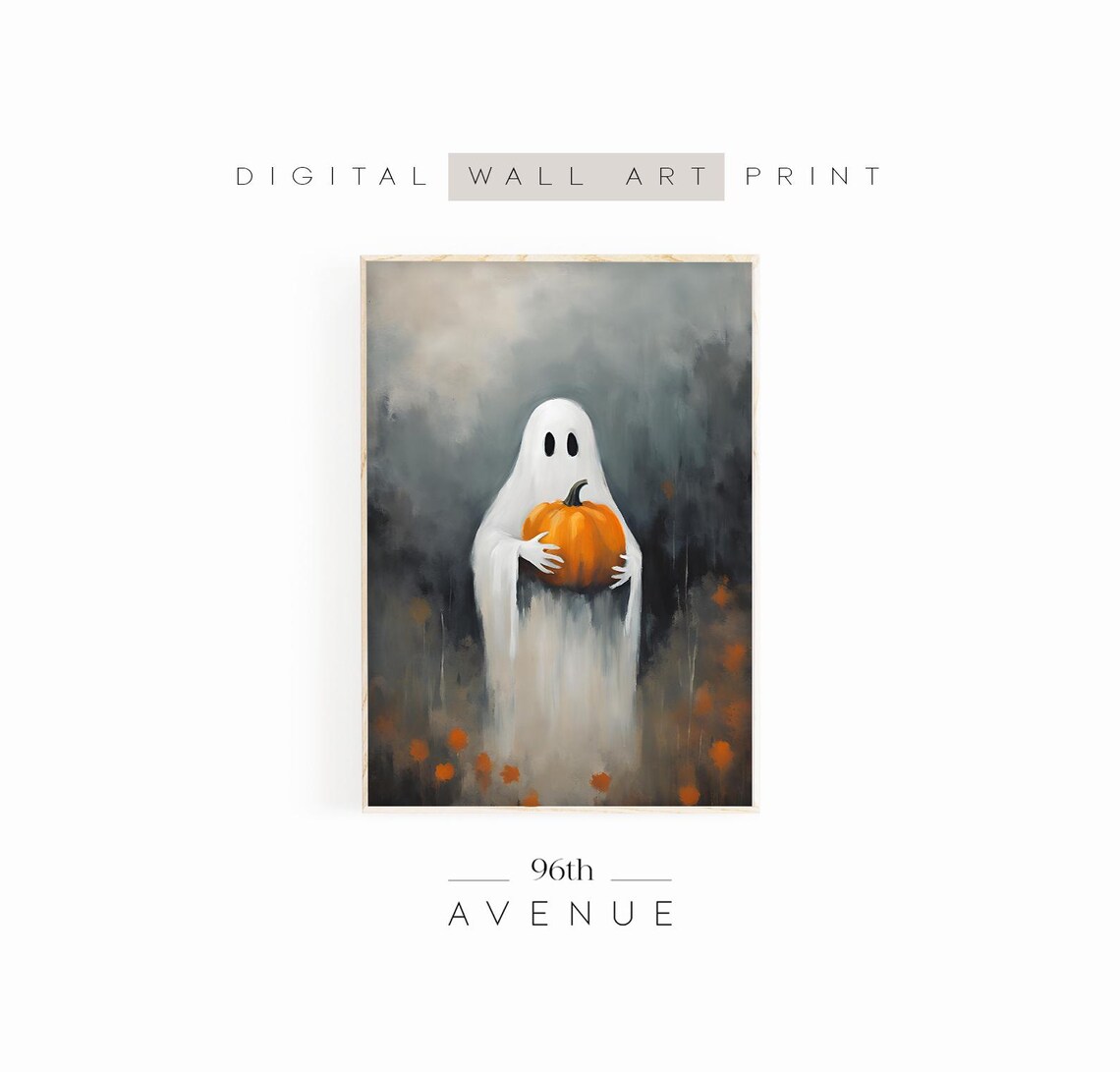 Cute Ghost Holding Pumpkin Print Halloween Wall Art Moody Painting Print