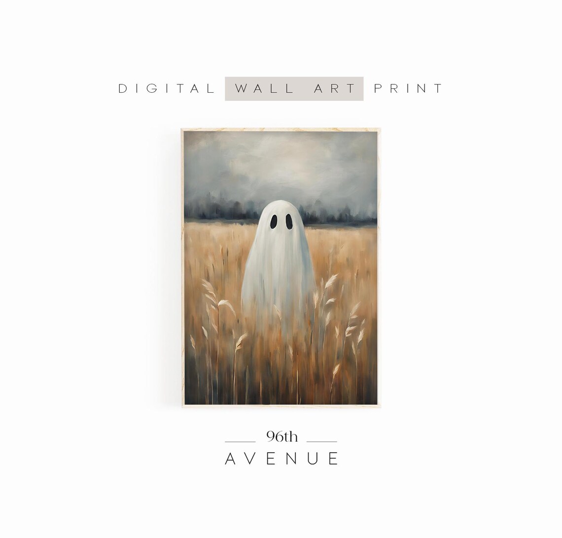 Cute Ghost In Golden Wheat Field Vintage Halloween Painting Wall Art