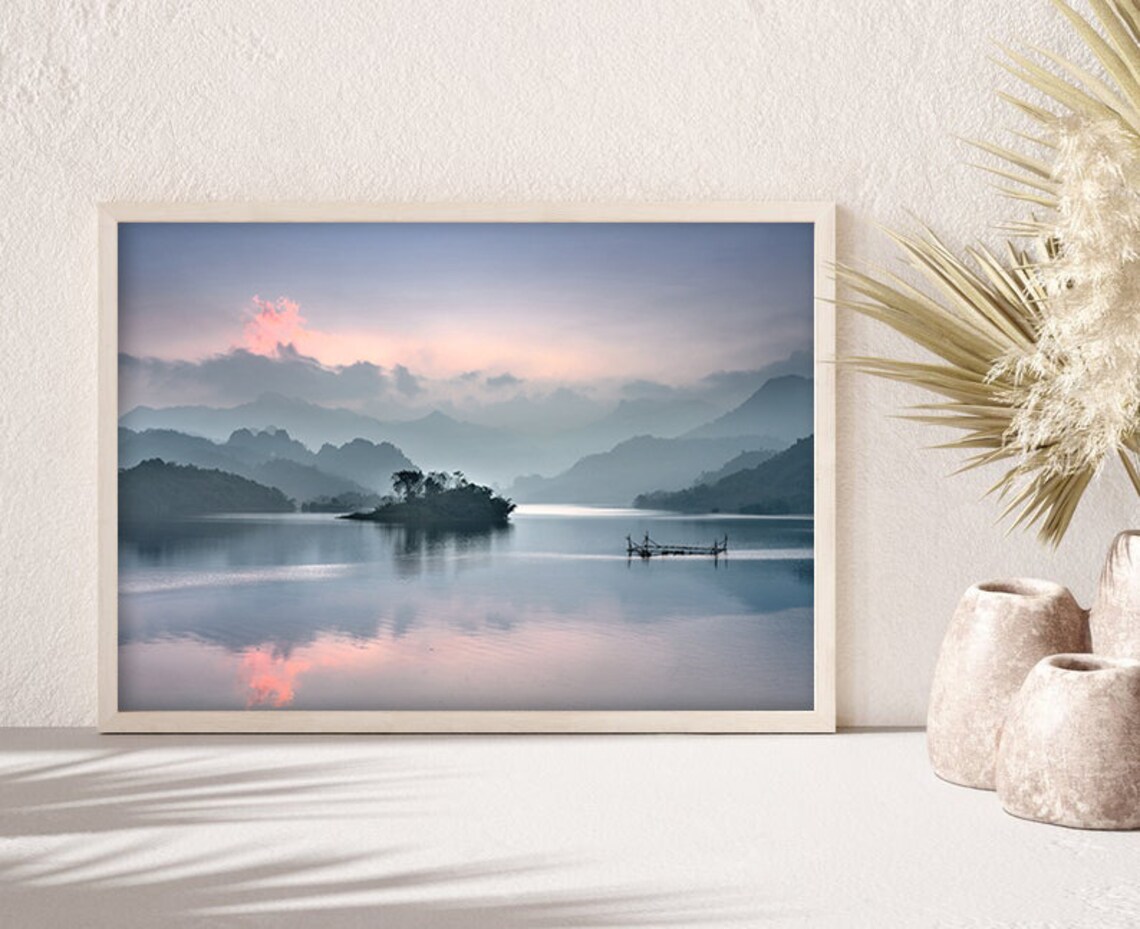 Lake Sunset Print Moody Landscape Sunset Wall Art Misty Mountains Wall Art - Image 2