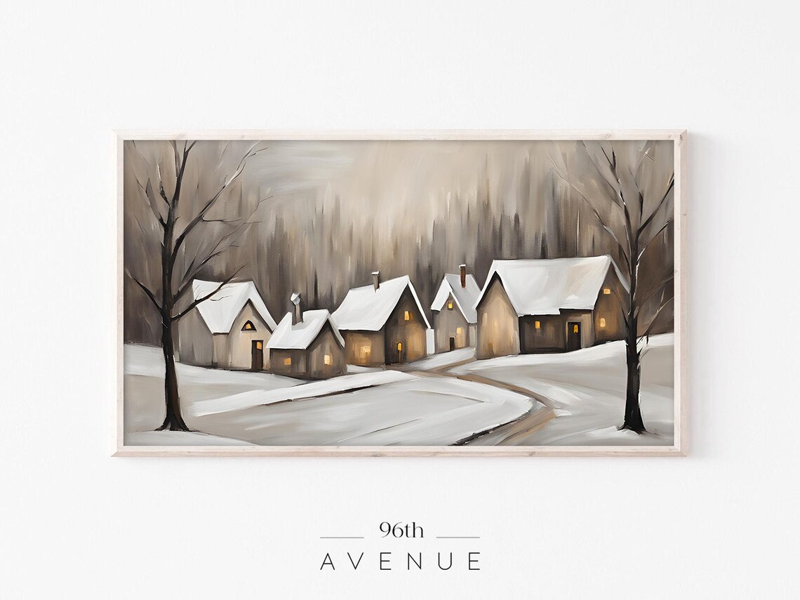 Winter Village Houses With Glowing Windows Snowy Road Painting Print