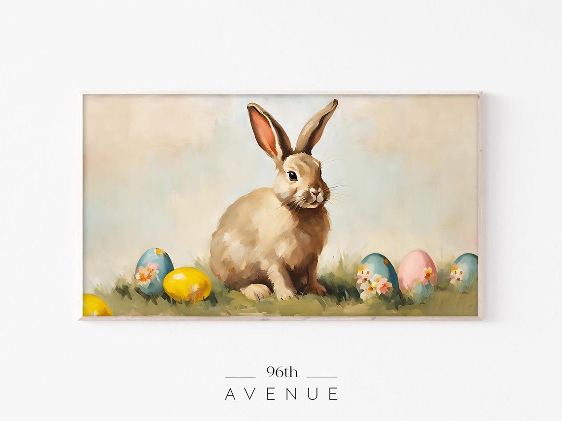 Vintage Easter Bunny With Painted Eggs Spring Oil Painting Wall Art