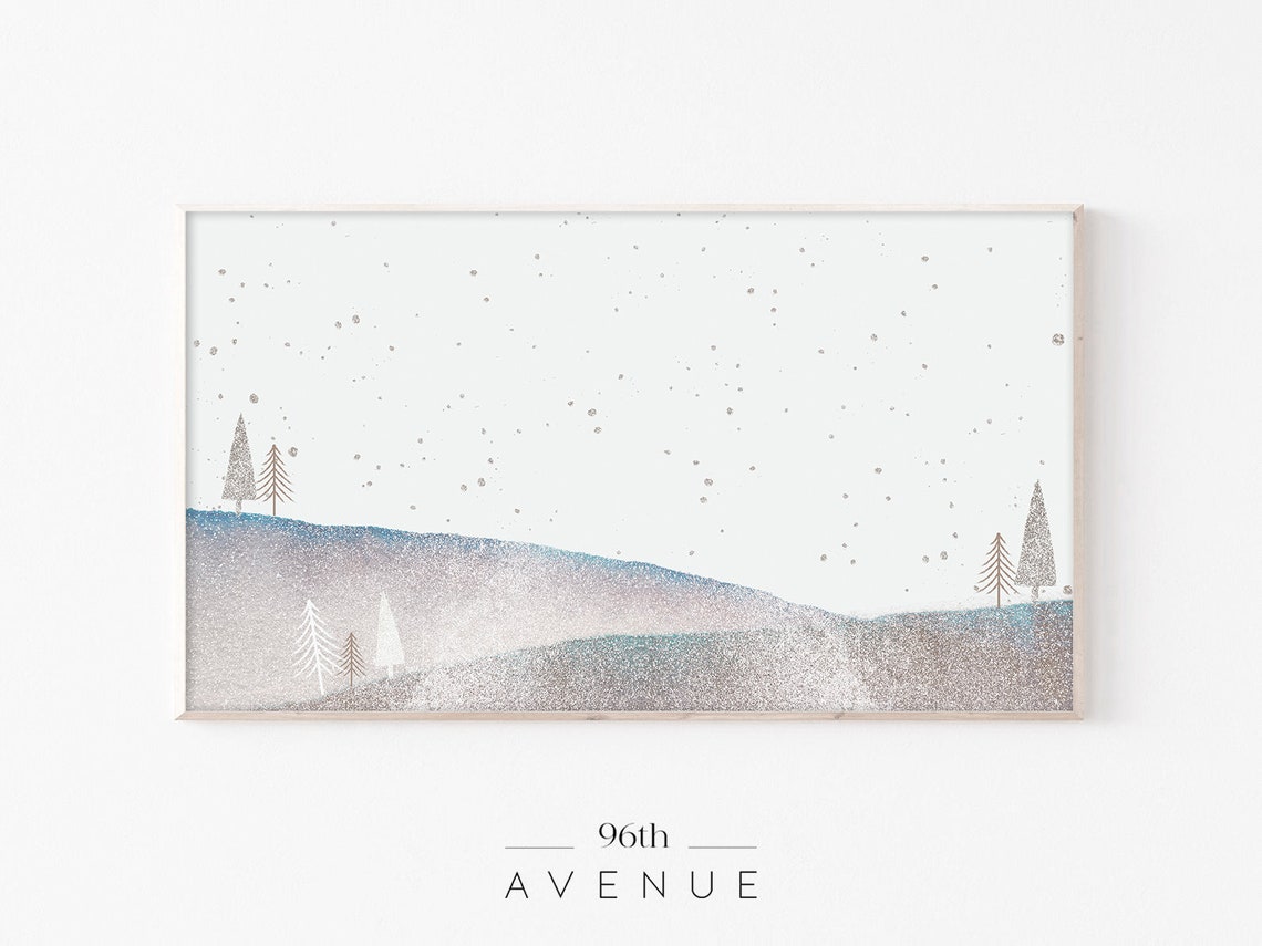 Glittering Watercolor Winter Landscape With Tiny Pine Trees Poster