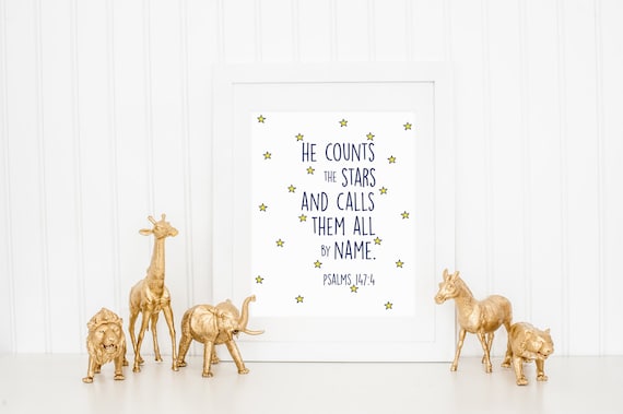 Psalms 147 He Counts The Stars Bible Verse Navy Nursery Quote Art Poster