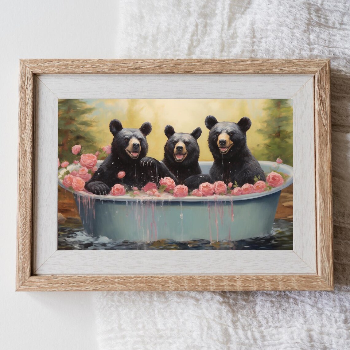 Three Bears Rose Petal Bathtub Funny Bathroom Animal Art Poster - Image 2
