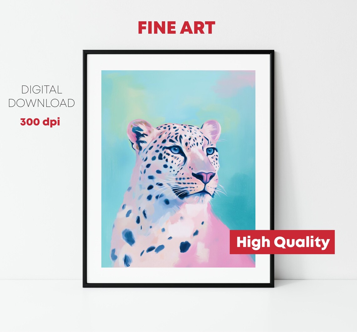Pink Leopard Portrait Spotted Big Cat Teal Background Animal Wall Art - Image 2