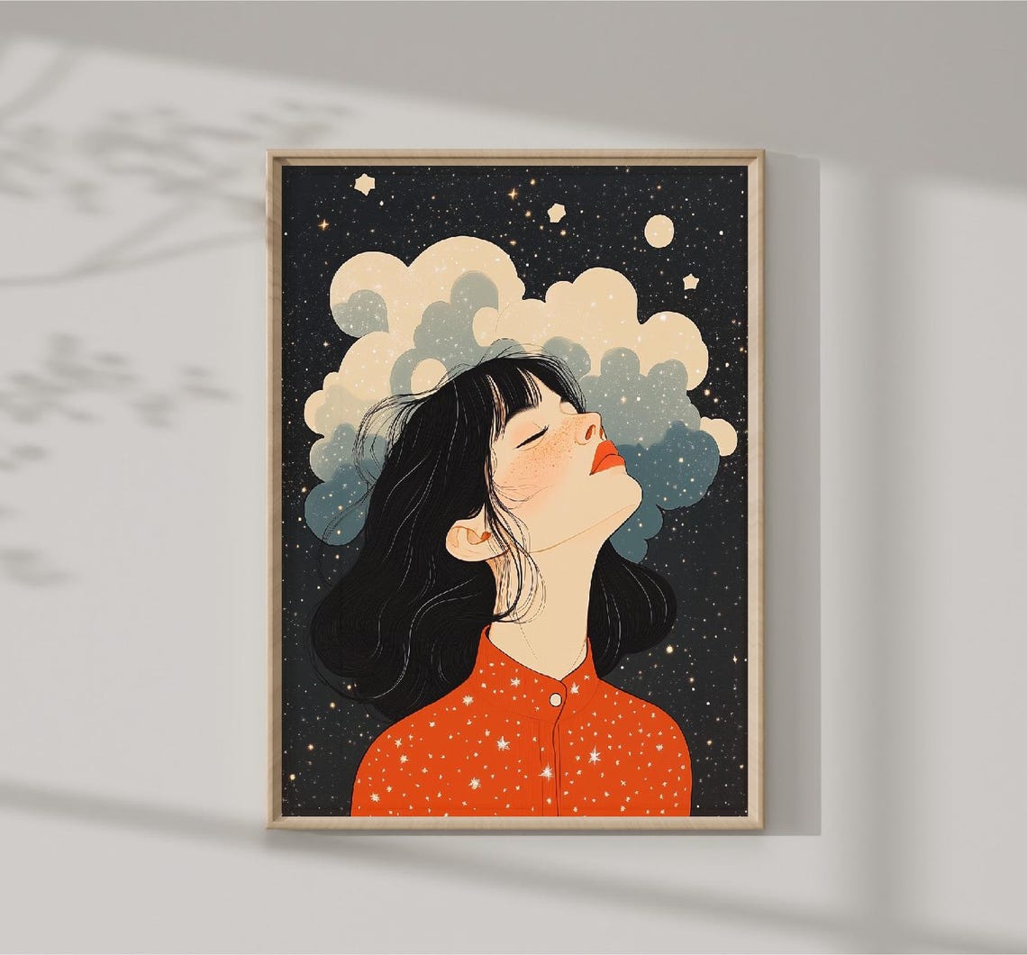 Dreamy Woman Gazing At Starry Night Sky Cloud Illustration Print