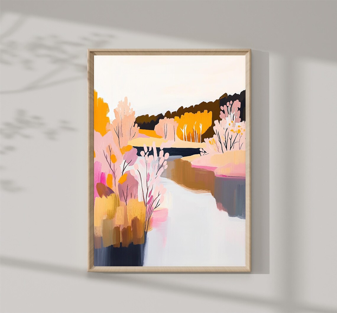 Pastel Autumn Riverside Birch Forest Golden Pink Foliage Art Poster