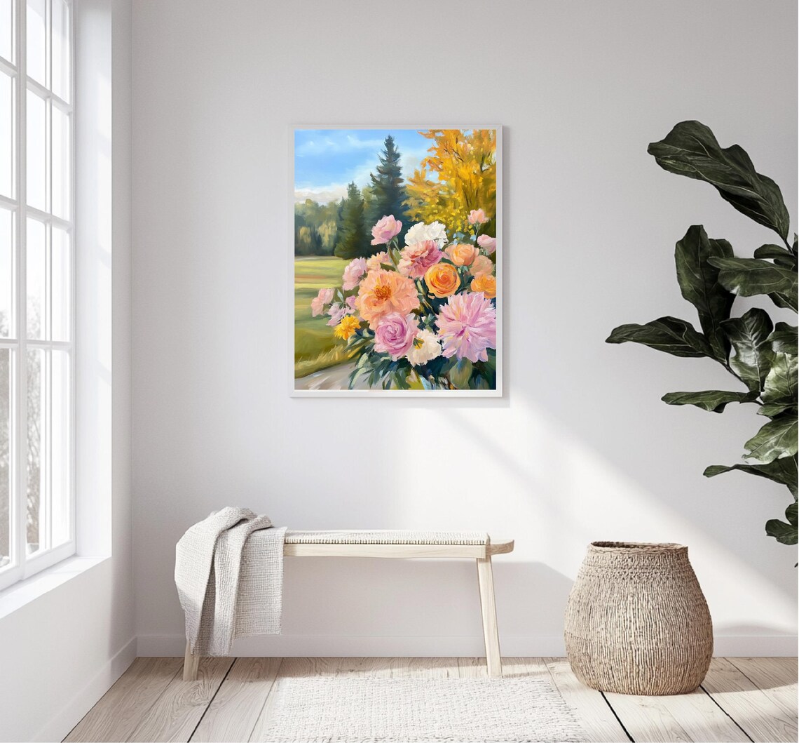 Orange Pink Dahlia Bouquet Autumn Trees Blue Sky Floral Art Print - Image 5