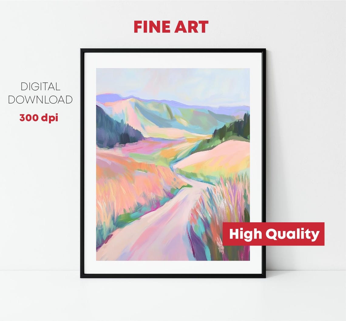Winding Pastel Road Through Colorful Mountain Valley Art Print - Image 2