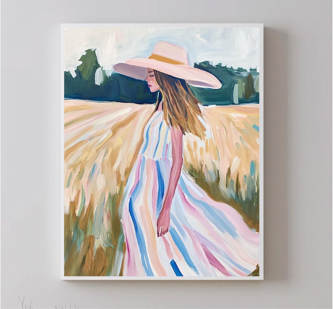 Woman Striped Dress Sun Hat Golden Field Summer Figure Art Poster